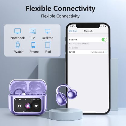 Open Ear Bone conduction Headphones Bluetooth 5.4 Wireless Clip On Earbuds with Digital Display Charging Case 40 Hours Playtime Sport Earphones Built-in Mic IPX7 Waterproof for Running Fitness Purple - Image 2