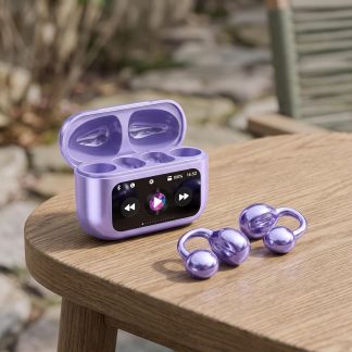 Open Ear Bone conduction Headphones Bluetooth 5.4 Wireless Clip On Earbuds with Digital Display Charging Case 40 Hours Playtime Sport Earphones Built-in Mic IPX7 Waterproof for Running Fitness Purple