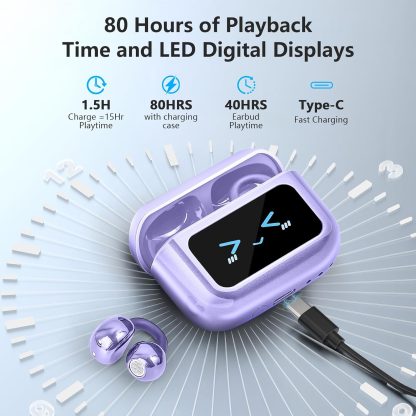 Open Ear Bone conduction Headphones Bluetooth 5.4 Wireless Clip On Earbuds with Digital Display Charging Case 40 Hours Playtime Sport Earphones Built-in Mic IPX7 Waterproof for Running Fitness Purple - Image 3